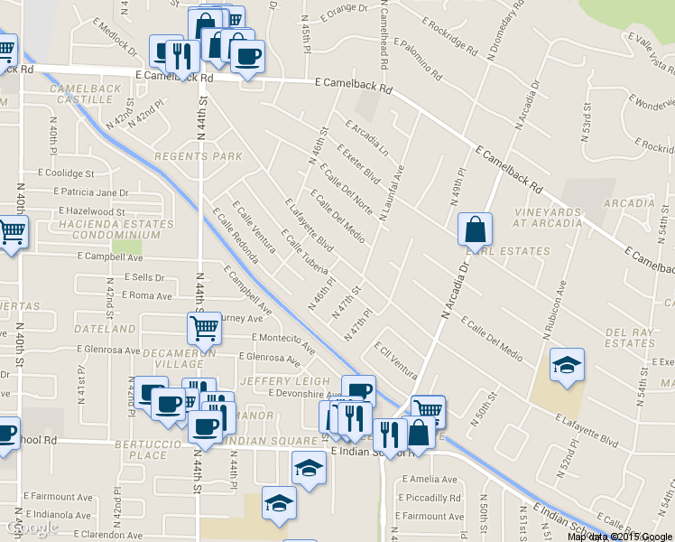 map of restaurants, bars, coffee shops, grocery stores, and more near 4649 East Lafayette Boulevard in Phoenix