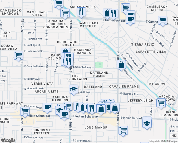 map of restaurants, bars, coffee shops, grocery stores, and more near 4138 East Campbell Avenue in Phoenix
