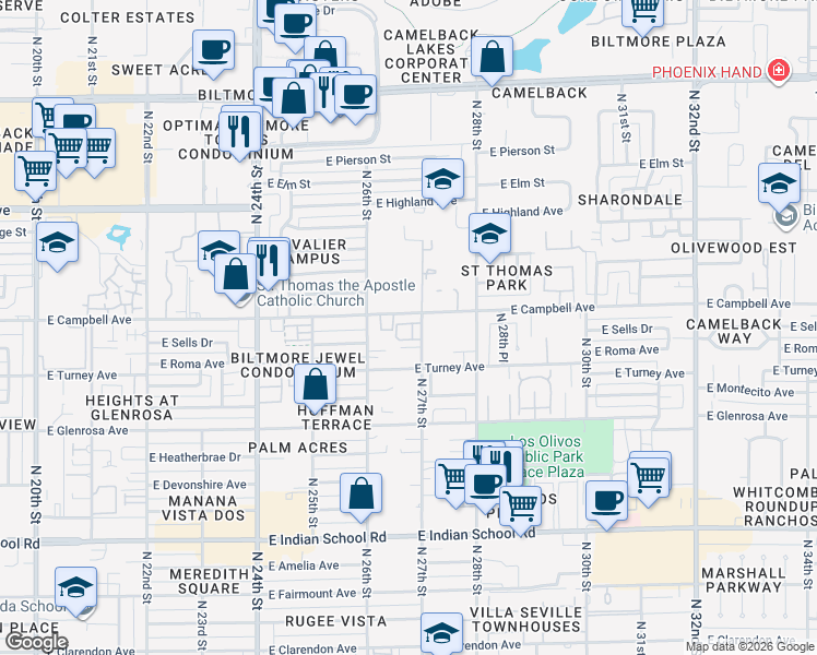 map of restaurants, bars, coffee shops, grocery stores, and more near 2633 East Campbell Avenue in Phoenix