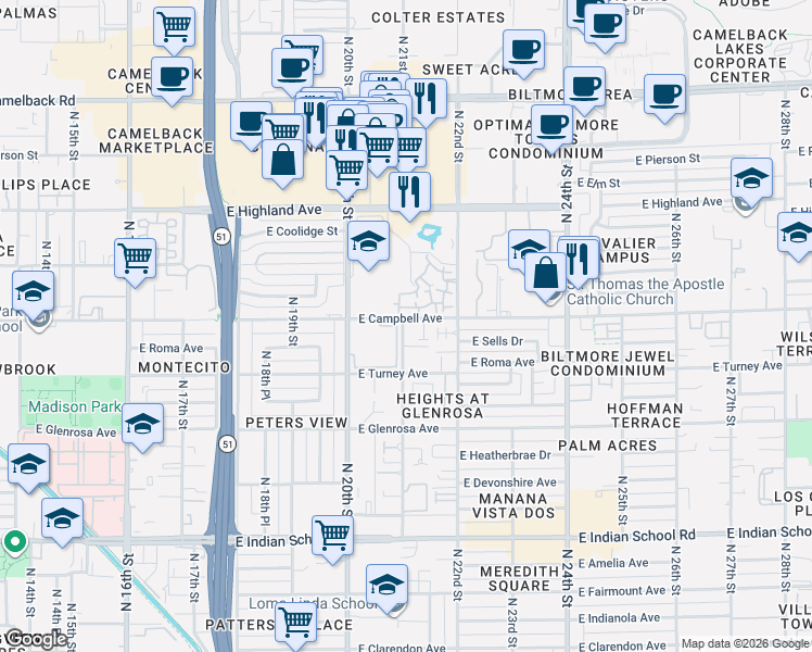 map of restaurants, bars, coffee shops, grocery stores, and more near Unnamed Road in Phoenix