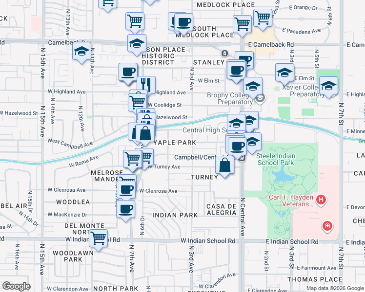 map of restaurants, bars, coffee shops, grocery stores, and more near 304 West Campbell Avenue in Phoenix