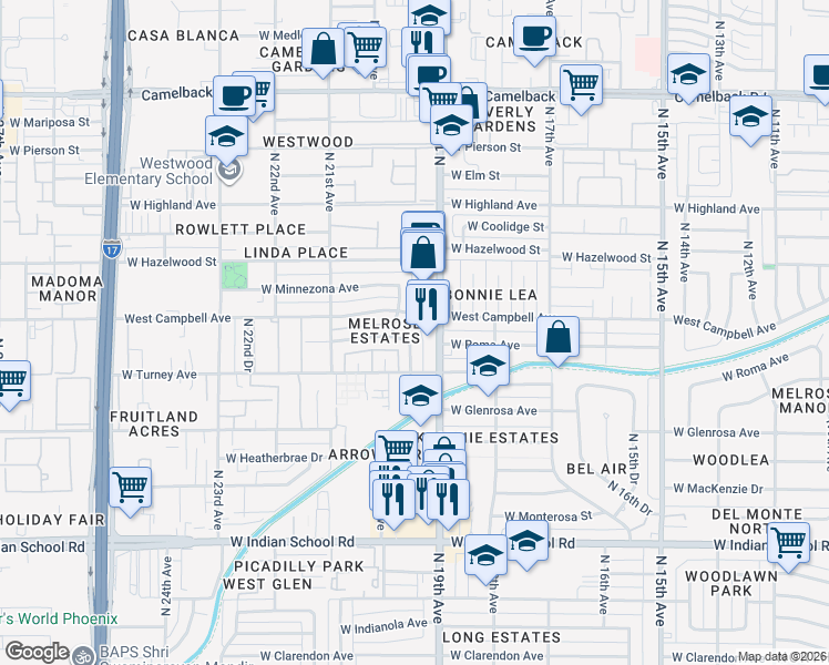 map of restaurants, bars, coffee shops, grocery stores, and more near 1916 West Campbell Avenue in Phoenix