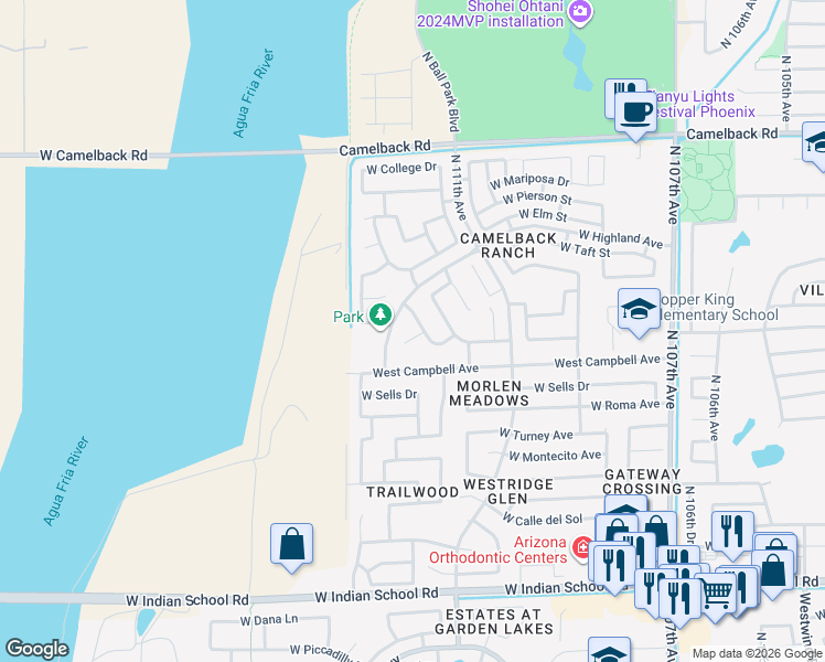map of restaurants, bars, coffee shops, grocery stores, and more near 4614 North 112th Drive in Phoenix