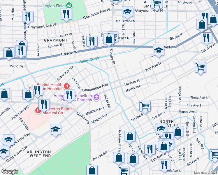 map of restaurants, bars, coffee shops, grocery stores, and more near 106 Tuscaloosa Avenue in Birmingham