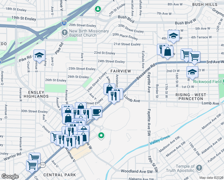 map of restaurants, bars, coffee shops, grocery stores, and more near 2924 Avenue Z in Birmingham