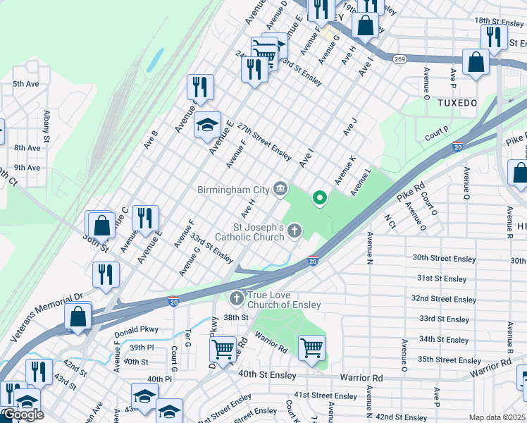 map of restaurants, bars, coffee shops, grocery stores, and more near 2918 Avenue H in Birmingham