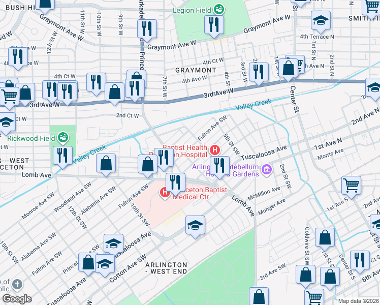 map of restaurants, bars, coffee shops, grocery stores, and more near 625 Fulton Avenue Southwest in Birmingham