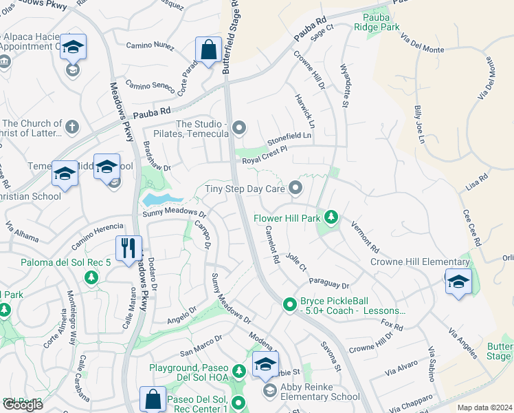 map of restaurants, bars, coffee shops, grocery stores, and more near 42541 Swoboda Court in Temecula