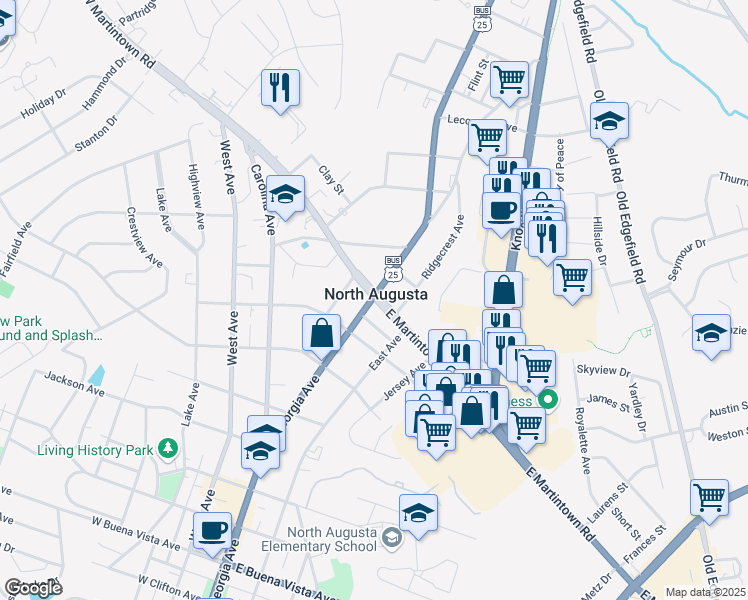 map of restaurants, bars, coffee shops, grocery stores, and more near in North Augusta
