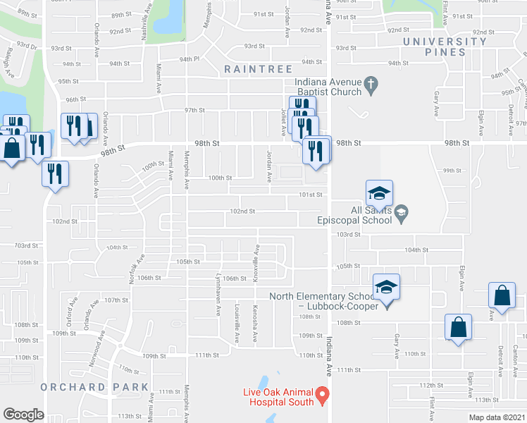 map of restaurants, bars, coffee shops, grocery stores, and more near 3522 102nd Street in Lubbock