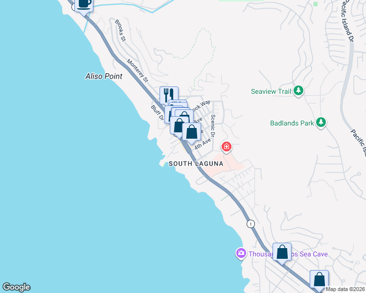 map of restaurants, bars, coffee shops, grocery stores, and more near 31719 Coast Highway in Laguna Beach
