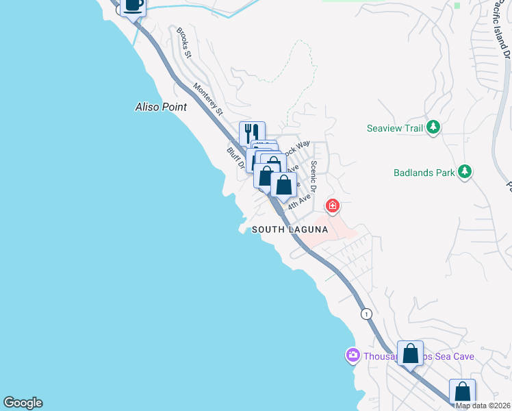 map of restaurants, bars, coffee shops, grocery stores, and more near 31678 Seacliff Drive in Laguna Beach