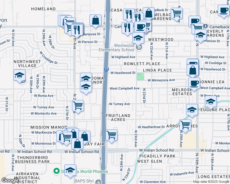 map of restaurants, bars, coffee shops, grocery stores, and more near 2417 West Campbell Avenue in Phoenix