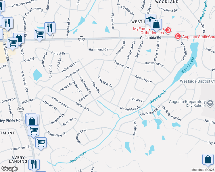map of restaurants, bars, coffee shops, grocery stores, and more near 388 Park Way Drive in Augusta