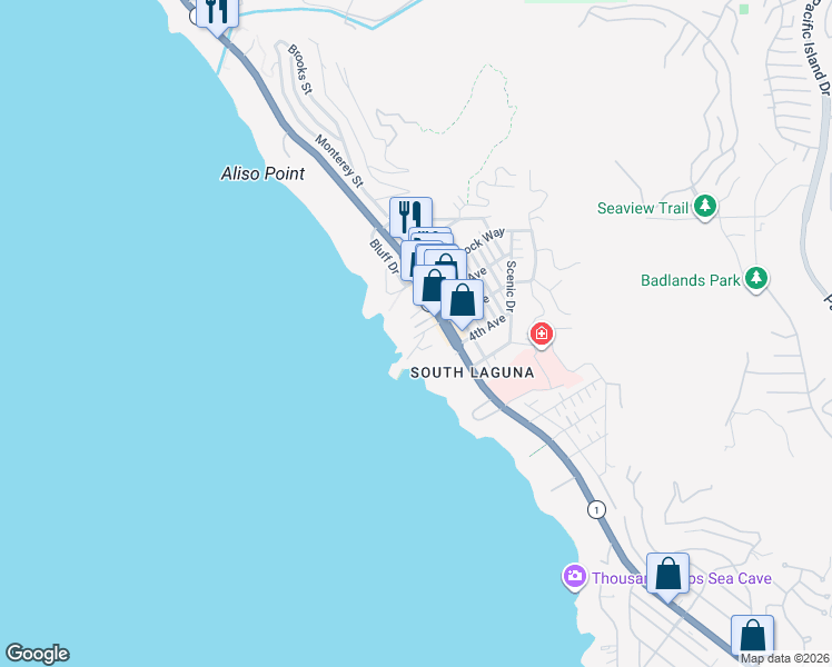 map of restaurants, bars, coffee shops, grocery stores, and more near 31678 Seacliff Drive in Laguna Beach