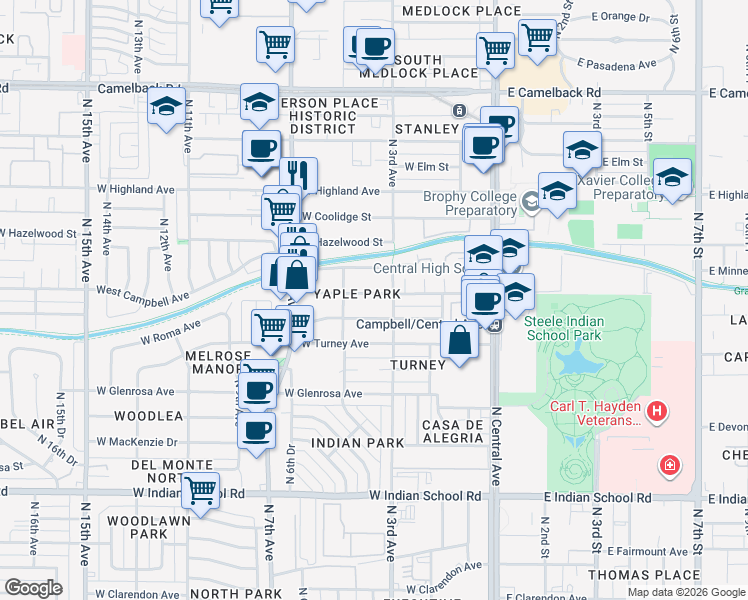 map of restaurants, bars, coffee shops, grocery stores, and more near 304 West Campbell Avenue in Phoenix