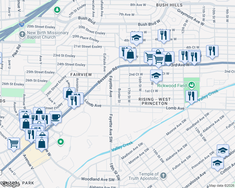 map of restaurants, bars, coffee shops, grocery stores, and more near 3021 Fayette Avenue in Birmingham
