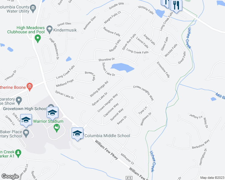 map of restaurants, bars, coffee shops, grocery stores, and more near 2064 Sylvan Lake Drive in Grovetown