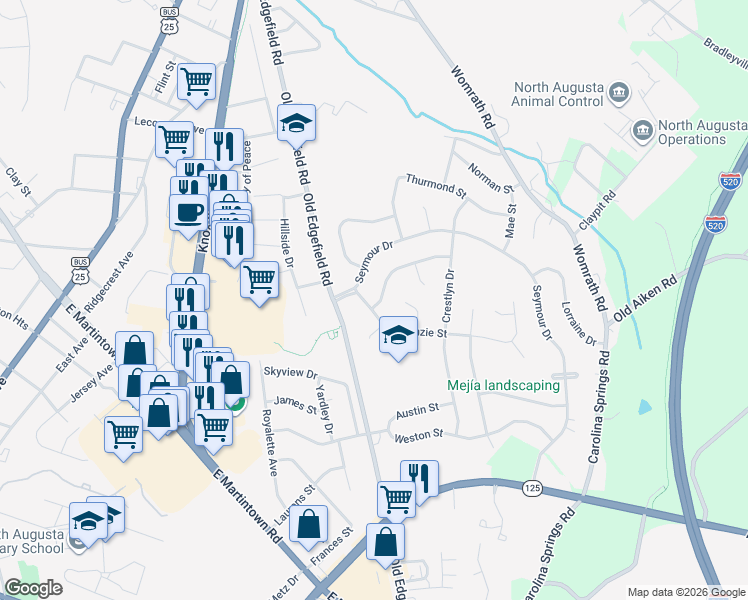 map of restaurants, bars, coffee shops, grocery stores, and more near 1013 McKenzie Street in North Augusta