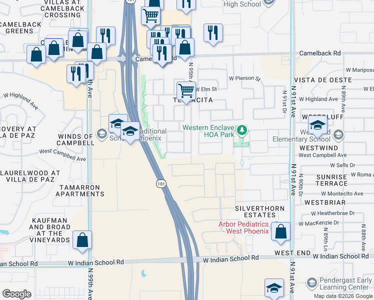 map of restaurants, bars, coffee shops, grocery stores, and more near 9508 West Meadowbrook Avenue in Phoenix