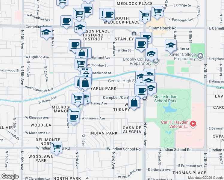 map of restaurants, bars, coffee shops, grocery stores, and more near 305 West Campbell Avenue in Phoenix