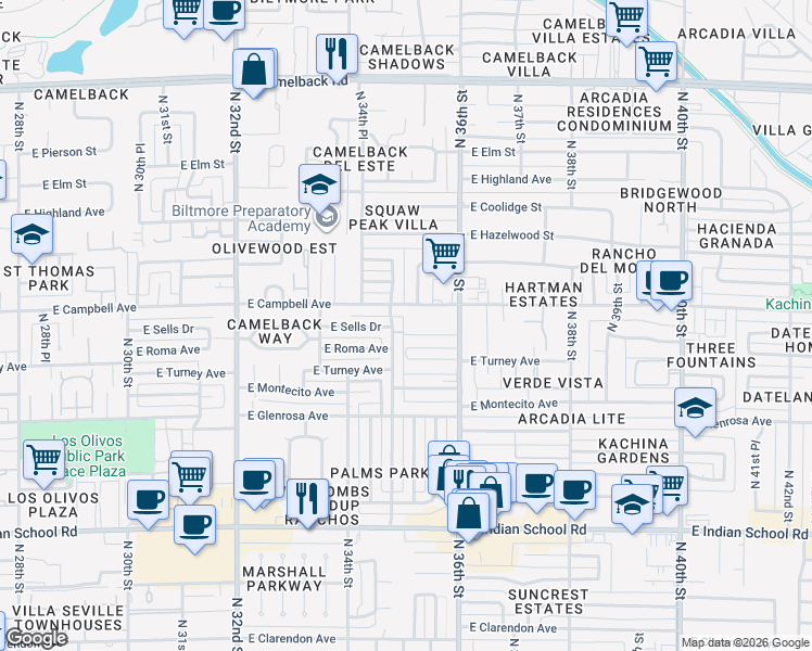 map of restaurants, bars, coffee shops, grocery stores, and more near 3503 East Campbell Avenue in Phoenix