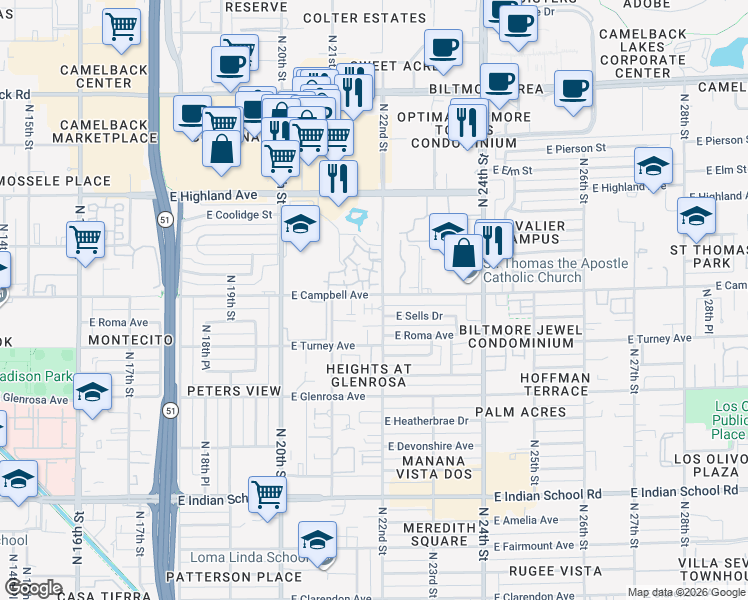 map of restaurants, bars, coffee shops, grocery stores, and more near 4644 North 22nd Street in Phoenix