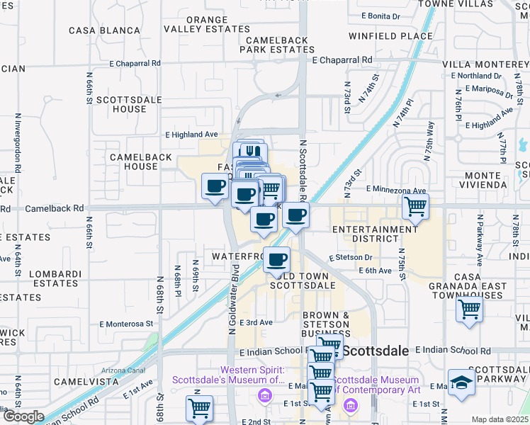 map of restaurants, bars, coffee shops, grocery stores, and more near 7135 East Camelback Road in Scottsdale