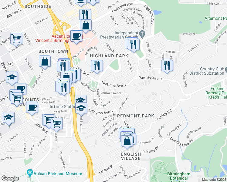 map of restaurants, bars, coffee shops, grocery stores, and more near 2704 Caldwell Avenue South in Birmingham
