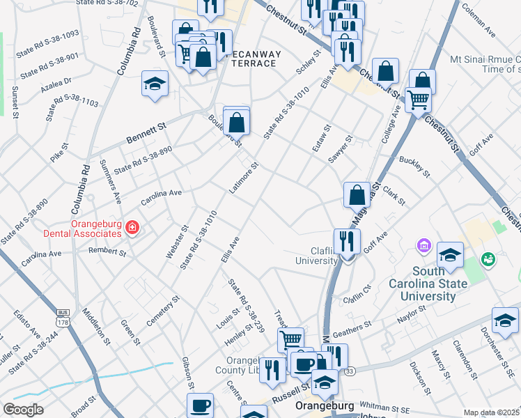map of restaurants, bars, coffee shops, grocery stores, and more near 940 Ellis Avenue in Orangeburg