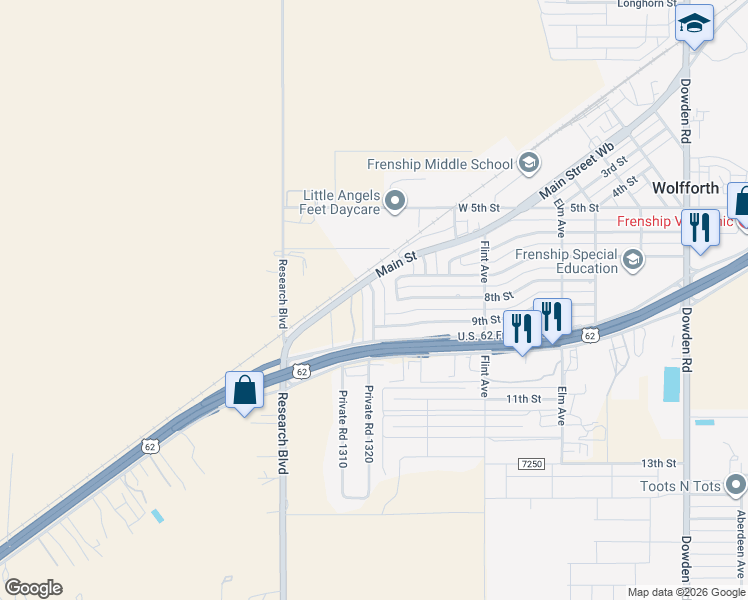 map of restaurants, bars, coffee shops, grocery stores, and more near 713 Indiana St in Wolfforth