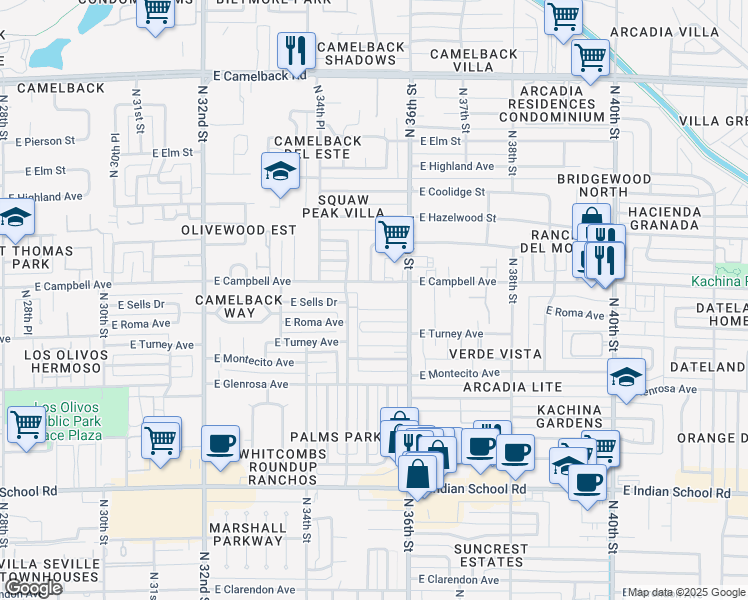 map of restaurants, bars, coffee shops, grocery stores, and more near 3546 East Campbell Avenue in Phoenix