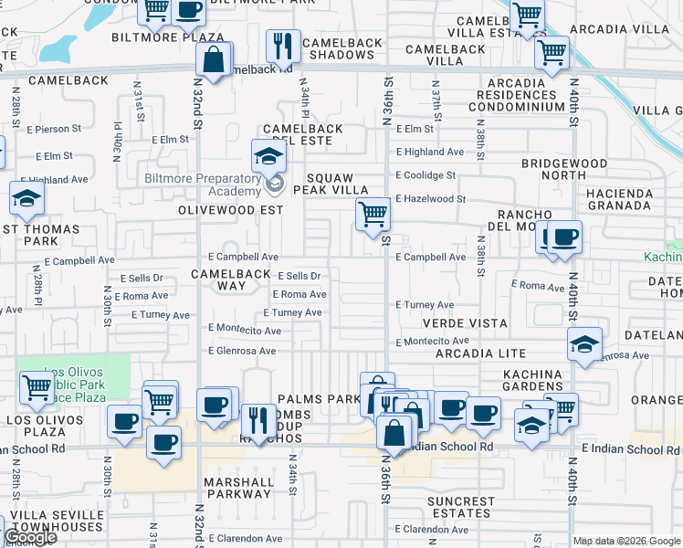 map of restaurants, bars, coffee shops, grocery stores, and more near 3503 East Campbell Avenue in Phoenix