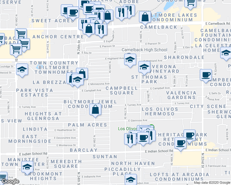 map of restaurants, bars, coffee shops, grocery stores, and more near 2633 East Campbell Avenue in Phoenix