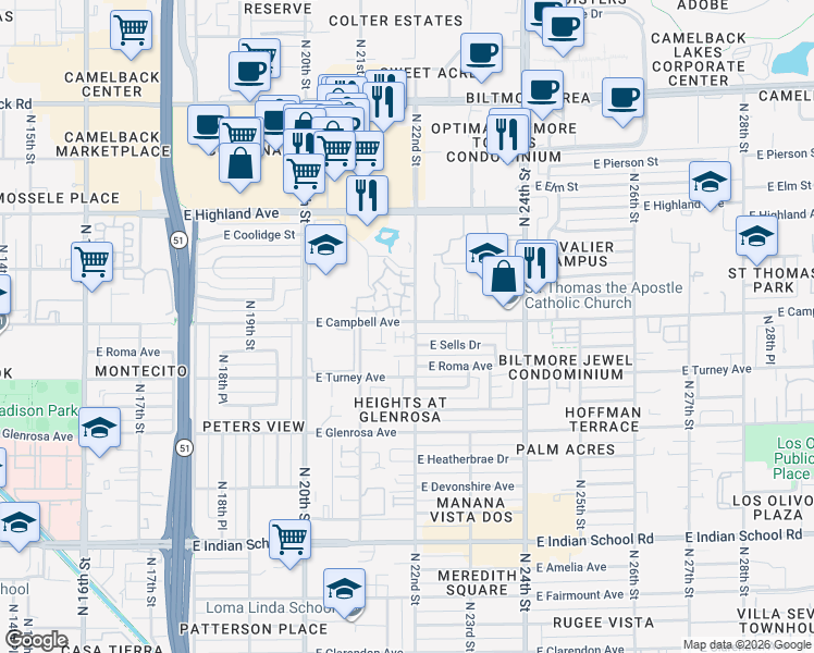 map of restaurants, bars, coffee shops, grocery stores, and more near 4644 North 22nd Street in Phoenix