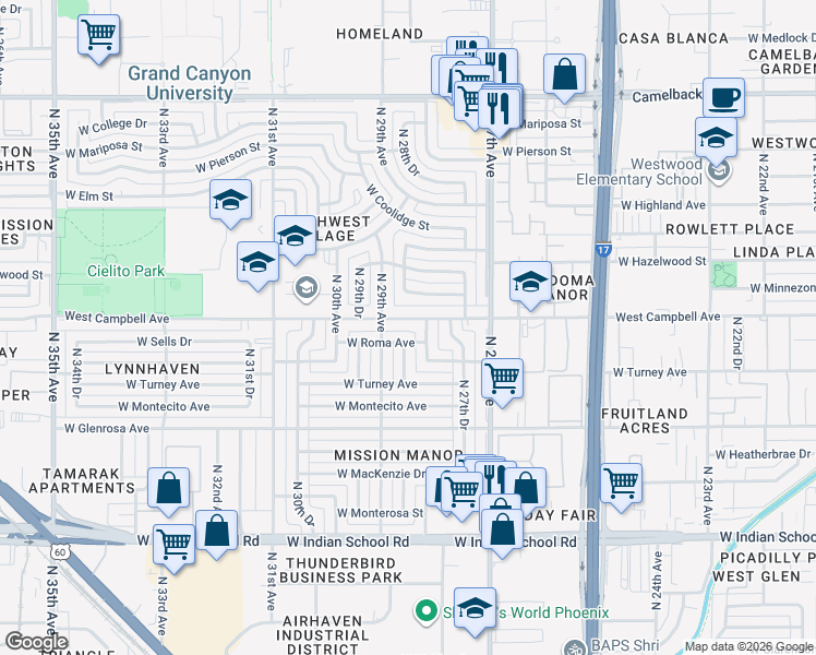 map of restaurants, bars, coffee shops, grocery stores, and more near 2822 West Campbell Avenue in Phoenix