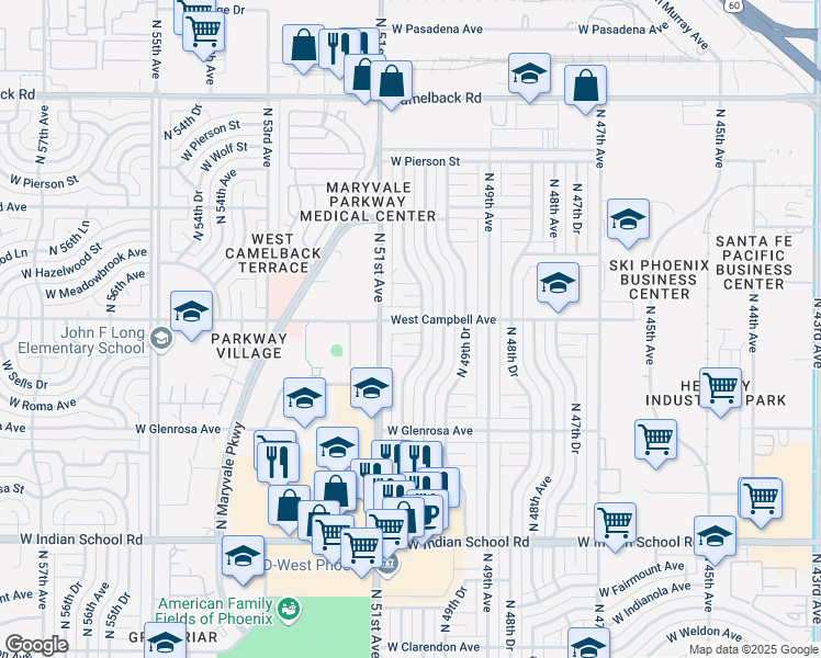 map of restaurants, bars, coffee shops, grocery stores, and more near 4501 North 50th Drive in Phoenix