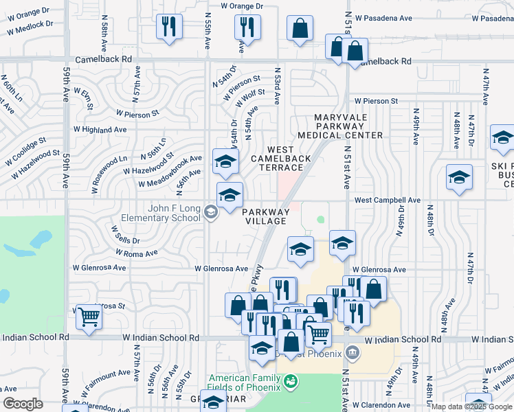 map of restaurants, bars, coffee shops, grocery stores, and more near 4502 North 53rd Lane in Phoenix
