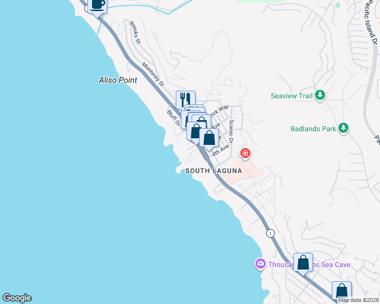 map of restaurants, bars, coffee shops, grocery stores, and more near 31671 Sea Bluff Lane in Laguna Beach