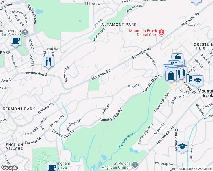 map of restaurants, bars, coffee shops, grocery stores, and more near in Mountain Brook