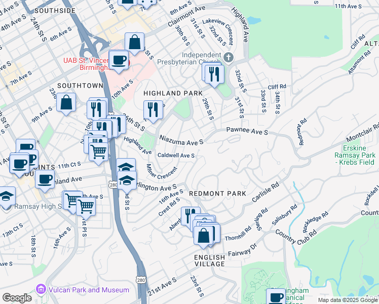 map of restaurants, bars, coffee shops, grocery stores, and more near 2739 Niazuma Avenue South in Birmingham
