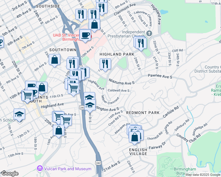 map of restaurants, bars, coffee shops, grocery stores, and more near 2545 Highland Avenue in Birmingham