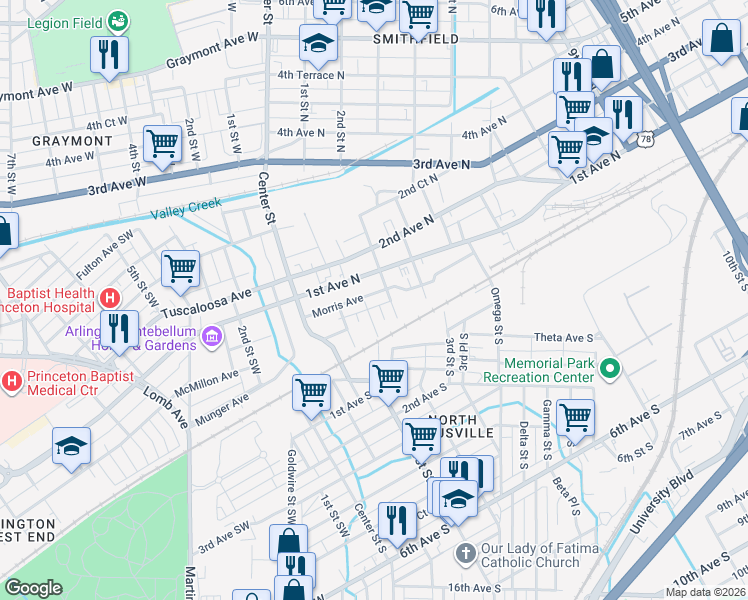map of restaurants, bars, coffee shops, grocery stores, and more near 133 1st Avenue North in Birmingham