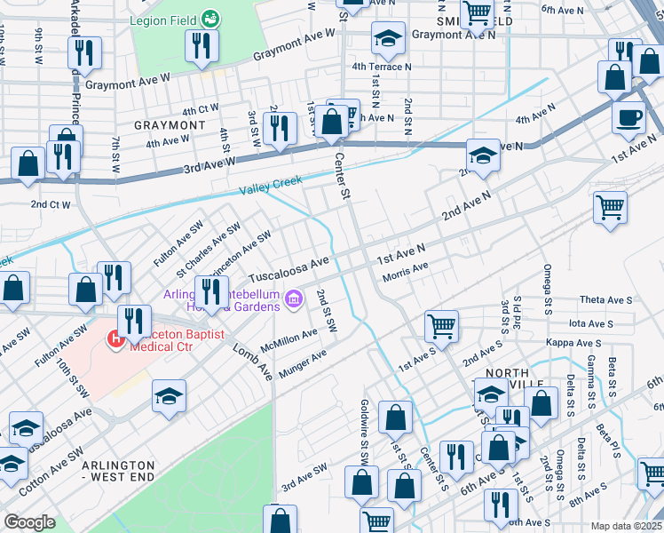 map of restaurants, bars, coffee shops, grocery stores, and more near 106 Tuscaloosa Avenue in Birmingham