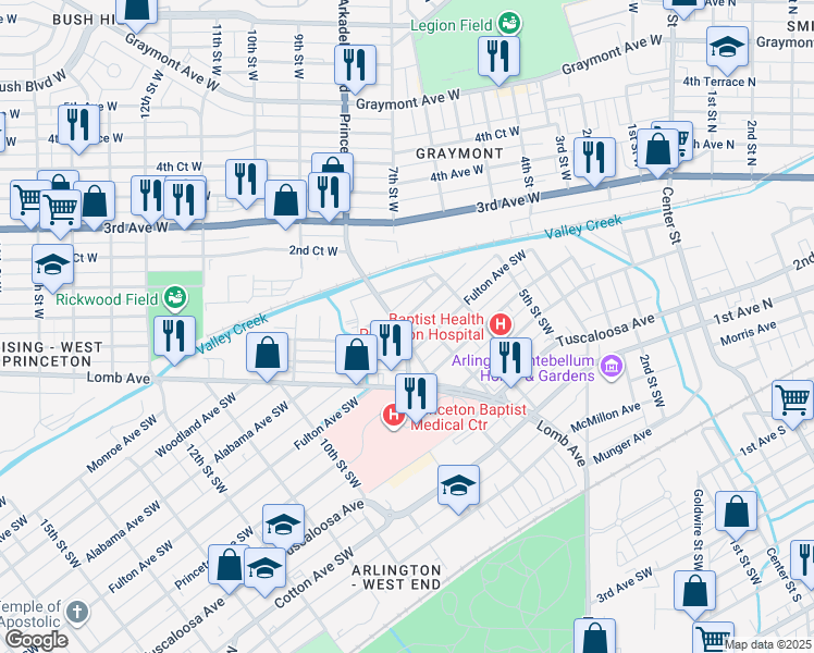 map of restaurants, bars, coffee shops, grocery stores, and more near 644 Alabama Avenue Southwest in Birmingham