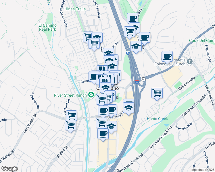 map of restaurants, bars, coffee shops, grocery stores, and more near 30941 Paseo Camalu in San Juan Capistrano