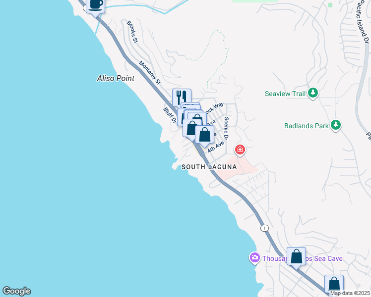map of restaurants, bars, coffee shops, grocery stores, and more near 31695 Seacliff Drive in Laguna Beach