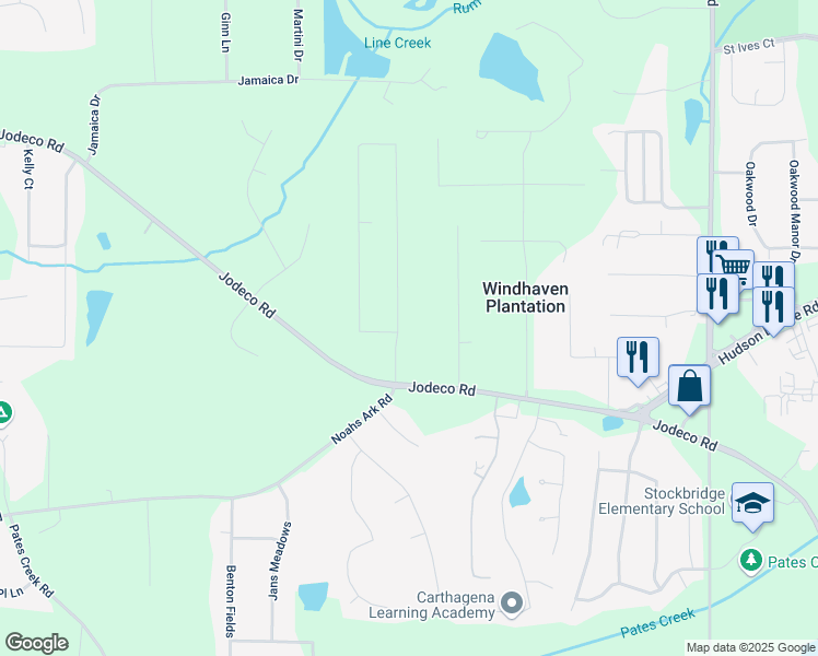 map of restaurants, bars, coffee shops, grocery stores, and more near 50 Oak Leaf Drive in Stockbridge