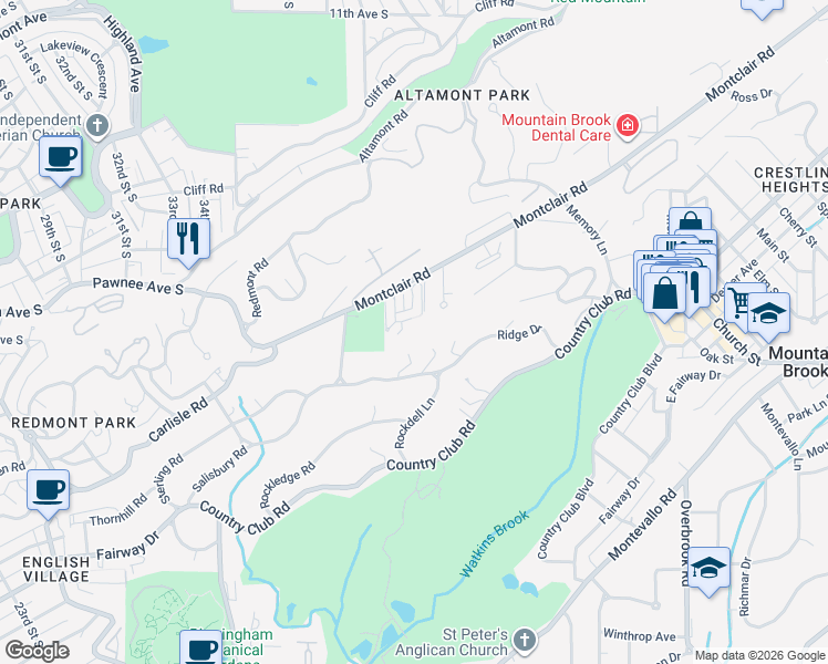 map of restaurants, bars, coffee shops, grocery stores, and more near in Mountain Brook
