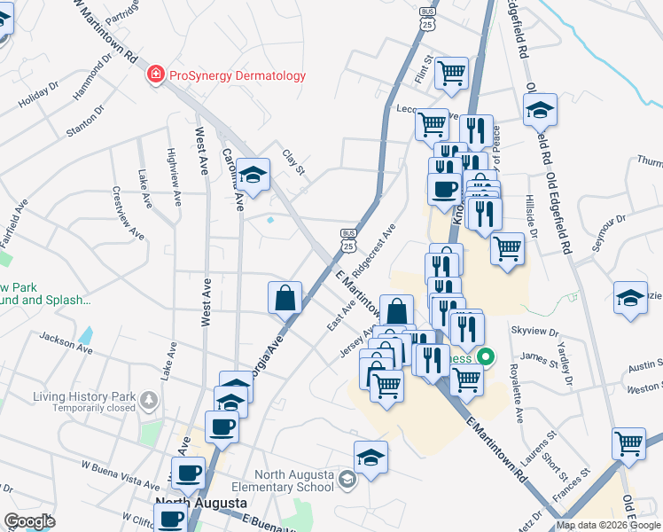 map of restaurants, bars, coffee shops, grocery stores, and more near in North Augusta